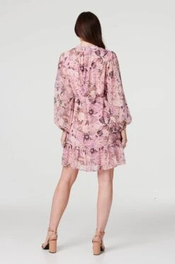 Floral Long Puff Sleeve Shirt Dress -Hallmark Style D514416 MULTI PINK 5
