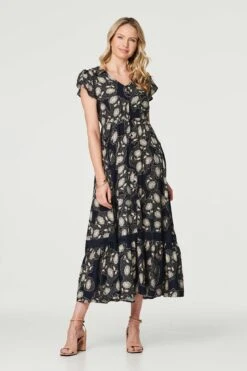 Floral Lace Detail V-Neck Dress -Hallmark Style D515715 NAVY 1