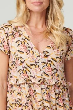 Floral Frill Sleeve Smock Dress 12 Floral Frill Sleeve Smock Dress -Hallmark Style D515759 MULTI BEIGE 3