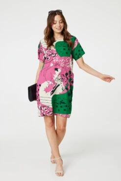 Printed Short Sleeve Relaxed Tunic Dress -Hallmark Style D515792 PINK 2