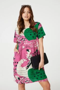 Printed Short Sleeve Relaxed Tunic Dress -Hallmark Style D515792 PINK 3