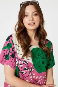 Printed Short Sleeve Relaxed Tunic Dress -Hallmark Style D515792 PINK 4