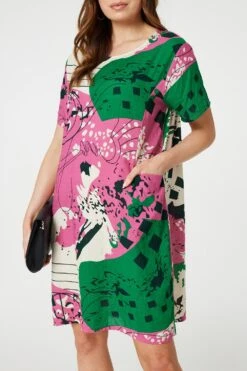 Printed Short Sleeve Relaxed Tunic Dress -Hallmark Style D515792 PINK 5