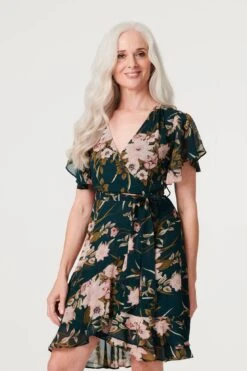 Floral Flare Sleeve Short Wrap Dress