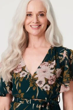 Floral Flare Sleeve Short Wrap Dress -Hallmark Style D515879 EMERALD 4