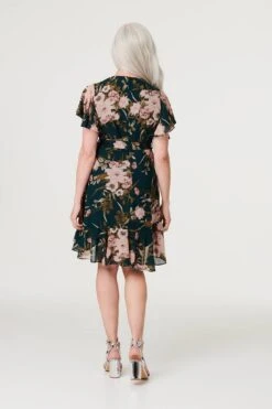 Floral Flare Sleeve Short Wrap Dress -Hallmark Style D515879 EMERALD 5