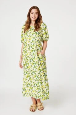 Lemon Print Puff Sleeve Midi Dress