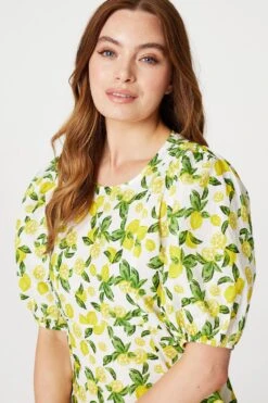 Lemon Print Puff Sleeve Midi Dress -Hallmark Style D516382 LEMON 3