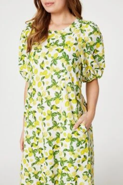 Lemon Print Puff Sleeve Midi Dress -Hallmark Style D516382 LEMON 4