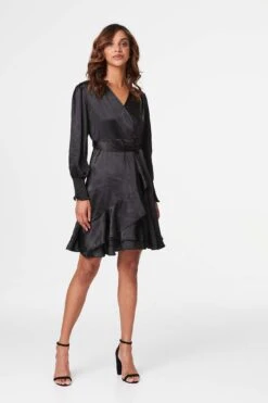 Satin Frill Detail Wrap Dress -Hallmark Style D516534 BLACK 1