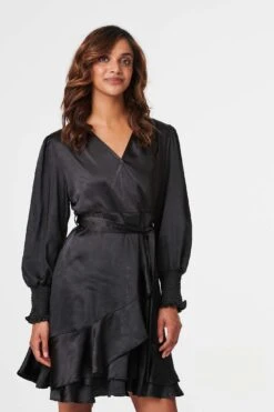 Satin Frill Detail Wrap Dress -Hallmark Style D516534 BLACK 2
