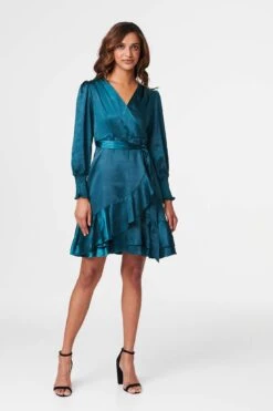 Satin Frill Detail Wrap Dress -Hallmark Style D516534 TEAL 1