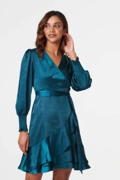 Satin Frill Detail Wrap Dress -Hallmark Style D516534 TEAL 4