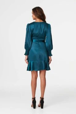 Satin Frill Detail Wrap Dress -Hallmark Style D516534 TEAL 6