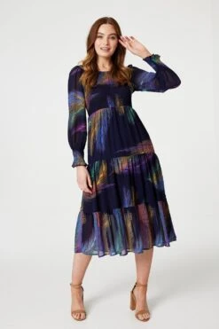 Feather Print Midi Smock Dress -Hallmark Style D516630 MULTI BLUE 1