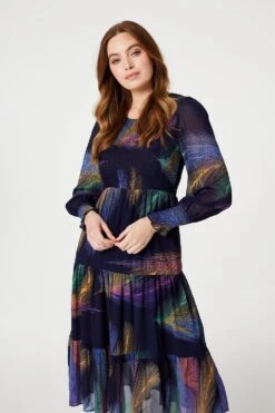 Feather Print Midi Smock Dress -Hallmark Style D516630 MULTI BLUE 2