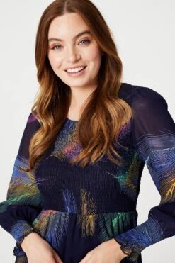 Feather Print Midi Smock Dress -Hallmark Style D516630 MULTI BLUE 3