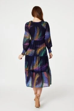 Feather Print Midi Smock Dress -Hallmark Style D516630 MULTI BLUE 5