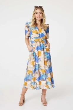 Printed 1/2 Sleeve Belted Midi Dress 16 Printed 1/2 Sleeve Belted Midi Dress -Hallmark Style D516697 MULTI BLUE 1