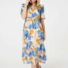 Printed 1/2 Sleeve Belted Midi Dress -Hallmark Style D516697 MULTI BLUE 2