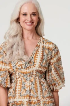 Printed Puff 1/2 Sleeve Midi Dress -Hallmark Style D516698 RUST 3