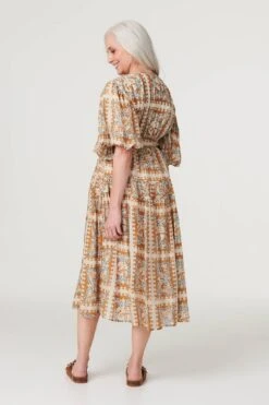 Printed Puff 1/2 Sleeve Midi Dress -Hallmark Style D516698 RUST 4