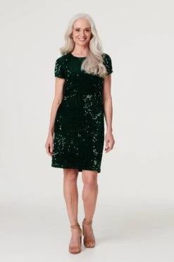 Sequin Short Sleeve Shift Dress -Hallmark Style D516872 EMERALD 2