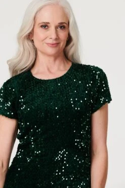 Sequin Short Sleeve Shift Dress -Hallmark Style D516872 EMERALD 5