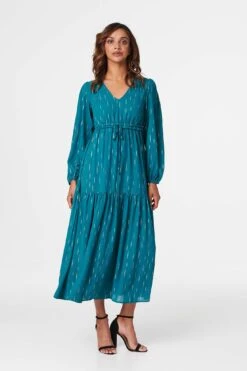 Printed Drawstring Waist Maxi Dress -Hallmark Style D516900 TEAL 2
