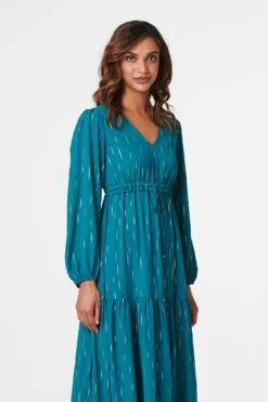 Printed Drawstring Waist Maxi Dress -Hallmark Style D516900 TEAL 3