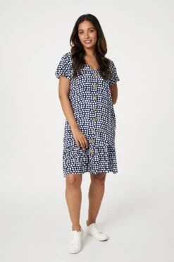 Spotty V-Neck Button Front Dress -Hallmark Style D516982 NAVY 1
