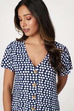 Spotty V-Neck Button Front Dress -Hallmark Style D516982 NAVY 4