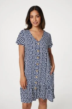 Spotty V-Neck Button Front Dress -Hallmark Style D516982 NAVY 6