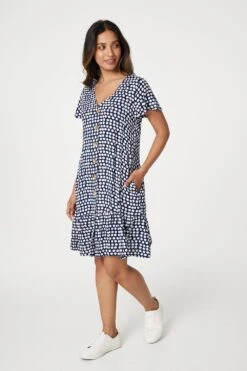 Spotty V-Neck Button Front Dress -Hallmark Style D516982 NAVY 7