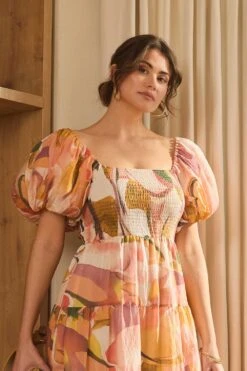 Printed Puff Sleeve Midi Dress -Hallmark Style D517020 2