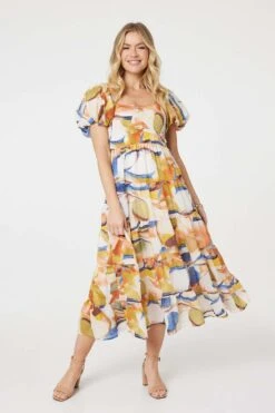 Printed Puff Sleeve Midi Dress -Hallmark Style D517020 MULTI BLUE 1