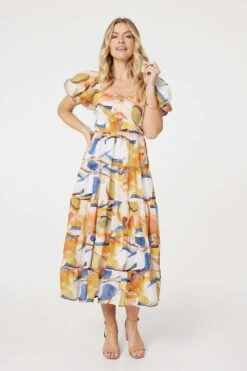 Printed Puff Sleeve Midi Dress -Hallmark Style D517020 MULTI BLUE 2