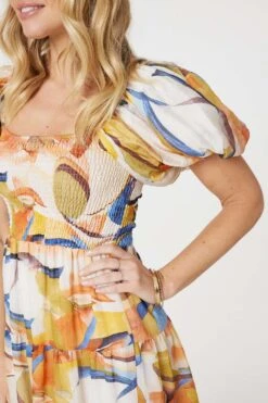 Printed Puff Sleeve Midi Dress -Hallmark Style D517020 MULTI BLUE 7