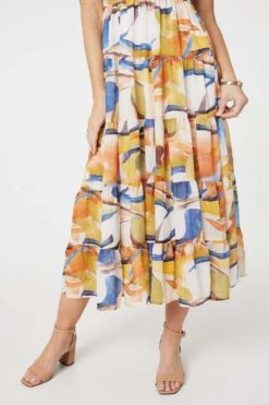 Printed Puff Sleeve Midi Dress -Hallmark Style D517020 MULTI BLUE 8