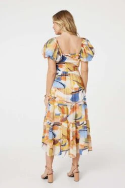Printed Puff Sleeve Midi Dress -Hallmark Style D517020 MULTI BLUE 9
