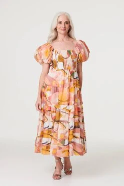 Printed Puff Sleeve Midi Dress -Hallmark Style D517020 MULTI CORAL 1