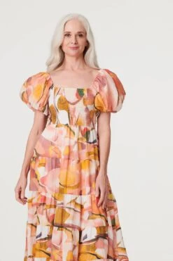 Printed Puff Sleeve Midi Dress -Hallmark Style D517020 MULTI CORAL 3