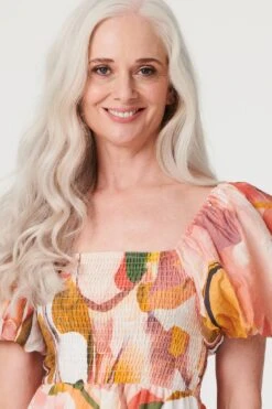 Printed Puff Sleeve Midi Dress -Hallmark Style D517020 MULTI CORAL 4