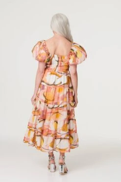 Printed Puff Sleeve Midi Dress -Hallmark Style D517020 MULTI CORAL 5