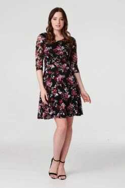 Rose Print Lace Overlay Short Dress