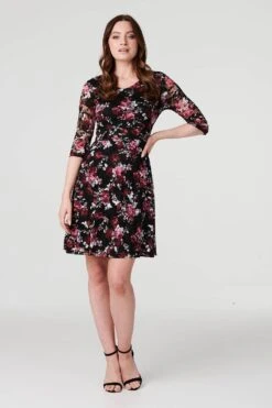 Rose Print Lace Overlay Short Dress -Hallmark Style D517031 MULTI RED 2