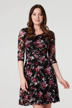 Rose Print Lace Overlay Short Dress -Hallmark Style D517031 MULTI RED 3