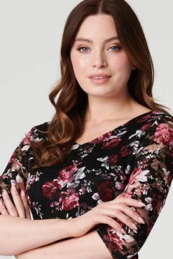 Rose Print Lace Overlay Short Dress -Hallmark Style D517031 MULTI RED 6