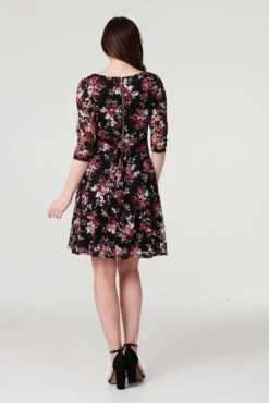 Rose Print Lace Overlay Short Dress -Hallmark Style D517031 MULTI RED 7