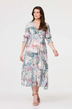 Leaf Print 3/4 Puff Sleeve Midi Dress -Hallmark Style D517113 WHITE 1